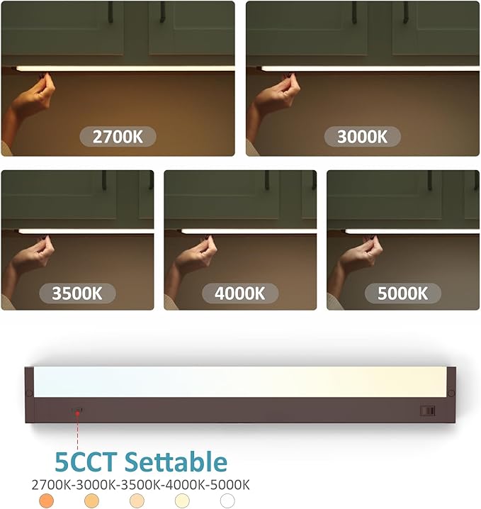 Leetdud LED Under Cabinet Lighting Hardwired or Plug in, 18 Inch 9W, Dimmable 5 Color 2700K/3000K/3500K/4000K/5000K, Linkable Eyes Care Design Counter Lights for Kitchen, Sink, ETL Listed, Bronze