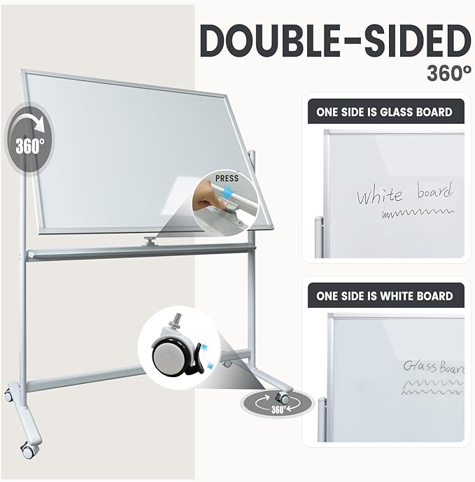 Large Mobile Glass White Board with Wheels - 48”x36” Rolling Dry Erase Whiteboard with Stand, Quick Flip Over Reversible Glass Board, Standing Double-Sided Board