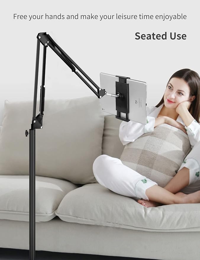 BluuSuuk Tablet Floor Stand with Double Weight Base, Overhead Bed Phone Mount Height Adjustable Arm Stretchable Stand Holder, Compatible with iPad Mini Air Pro, Galaxy Tab, Kindle, Switch, Cell Phones