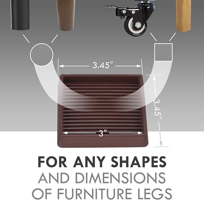 VOCOMO 3X3 Rubber Caster Cups, Non Slip Furniture Pads, Anti-Slip Furniture Gripper, Anti Skid Furnitures Feet, Anti Slide Floor Protector for Bed Couch Stoppers (Brown, 8 Pack)