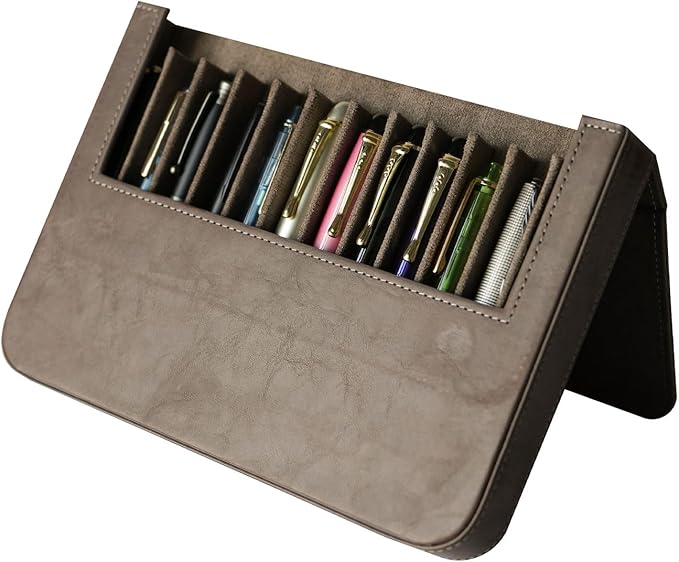 MIVLXLX PU Leather 12 Fountain Pen/Pencil Tray Case Organizer, Fashion Design, Handmade, Magnetic Closure with Drawer, Christmas Gift for Man/Woman/Office, 12 Slots(gray)