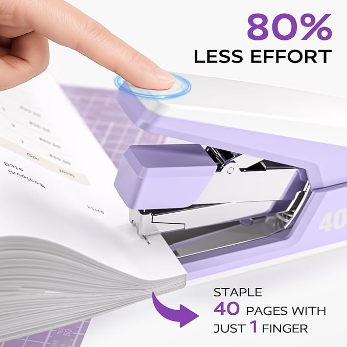 MARSROCK Effortless Stapler for Desk with 40-50 Sheet Capacity, 2000 Staples, 1-Touch Stapling, Ergonomic & Easy to Load Desktop Staplers, Heavy Duty Stapler, and Magnetic Staple Remover, Purple