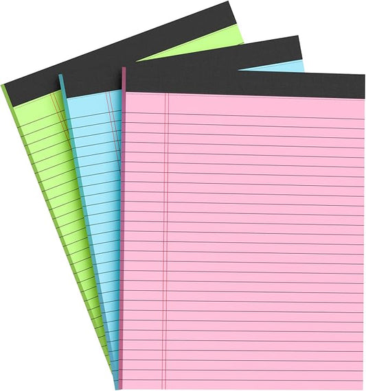 AILZFEI Colored Legal Pads 8.5 x 11 Note Pads 8.5x11 inch, Wide Ruled Clear Print Writing Pads 30 Sheets/Pad, 20lb Colored Paper, Perforated Notepad with Sturdy Back (3 Pads)