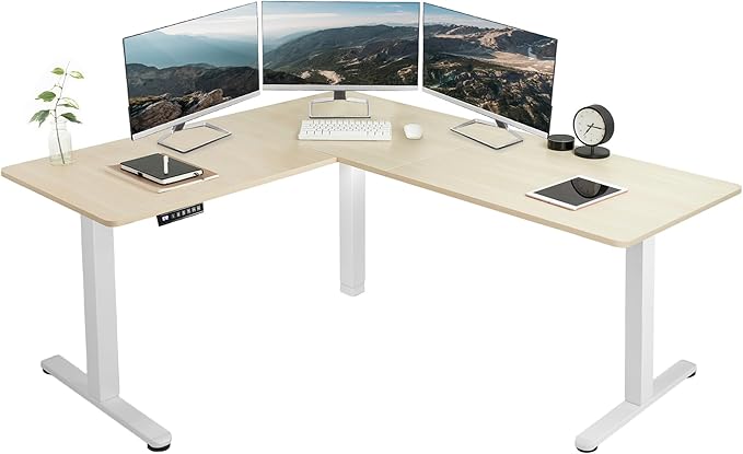 VIVO Electric Corner 63 x 55 inch L-Shaped Standing Desk, Memory Height Adjustment, Light Wood Top White Frame, DESK-E3CTC