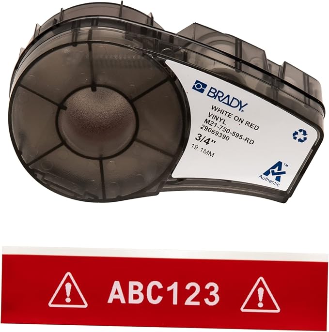 Brady Authentic (M21-750-595-RD) All-Weather Vinyl Label for Indoor/Outdoor ID, Lab and Equipment Labeling, White on Red- For M210, M210-LAB, M211, BMP21-PLUS and BMP21-LAB Printers, .75" W, 21' L