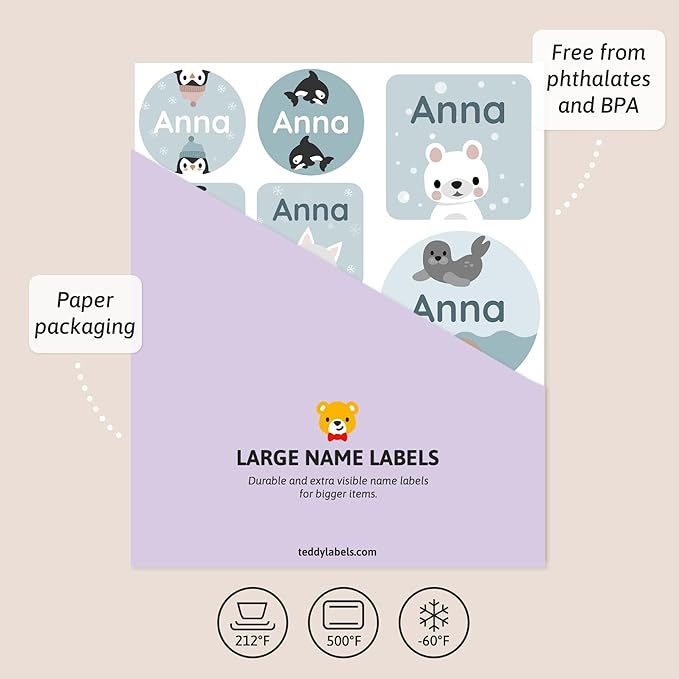 Large Name Labels for Kids (33) - Custom Stickers for Daycare and School Supplies - Durable, Waterproof Stickers for Water Bottles, Lunch Boxes, and More with Unique Designs - Arctic Animals