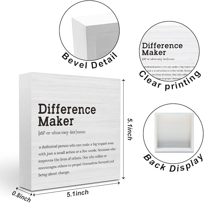 Difference Maker Definition Home Office Decor Wooden Box Sign Motivational Farmhouse Decorative Positive Office Desk Accessories Wood Plaque Affirmations Wood Table Sign for TV Cabinet Shelf