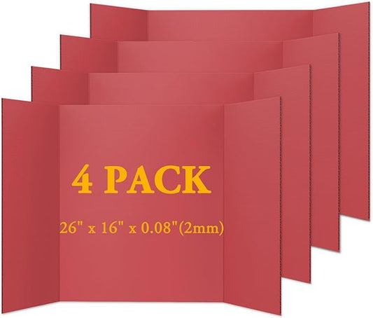 AKONEGE 4PCS Medium Trifold Poster Board 26" x 16" Red Tri Fold Presentation Boards, Corrugated Cardboard Picture/Project Display Boards for Event, Exhibition, Business, School Project, Science Fair