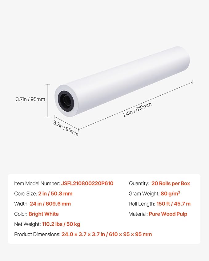 VEVOR Wide Format Paper, 24 in x 150 ft Plotter Roll, 20 Rolls CAD Bond Rolls with 2 in Core, 20 LB Bond Paper Rolls, Ideal for CAD Drawings, Engineering Plans, GIS Maps, and Architectural Designs