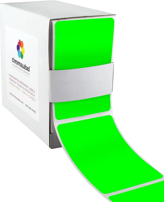 ChromaLabel 2 x 3 Inch Rectangle Labels, High Visibility Color Coded Label, Rectangular Sticker Label - 250 Adhesive Labels per Dispenser Box, Fluorescent Green Stickers
