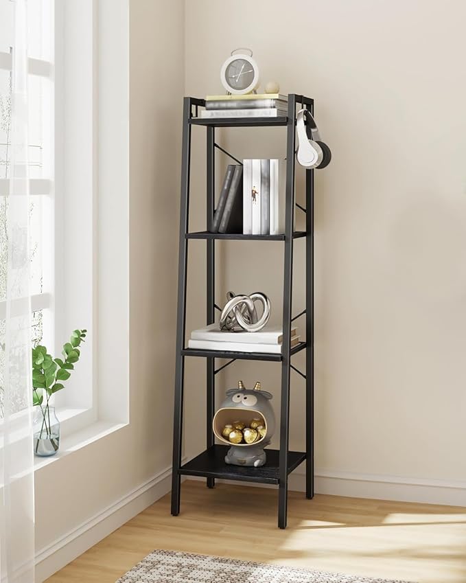 Hzuaneri Ladder Shelf, Bookshelf Bookcase, Freestanding Corner Storage Shelve with 2 Hooks for Home Office, Living Room, Kitchen, Bedroom, Industrial, 11.8" D x 13.4" W x 47.2" H, Black BC13204B