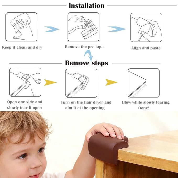 12 Pack Soft Corner Protector Baby Proofing Edge & Corner Guards, Furniture Safety Bumper for Table, Fireplace, Stair, Cabinet, (Brown)