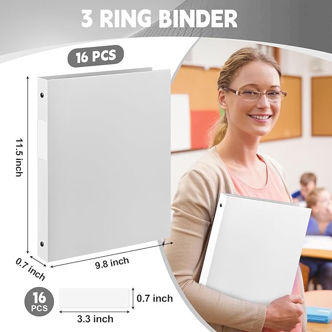 Henoyso 16 Pcs 3 Ring Binder 0.5 Inch Round Fits Letter Size 8.5'' x 11'' Paper Plastic Flexible Binder Bulk Holds 140 Sheets with 1 Pockets Versatile Organizer for Home Office School (White)