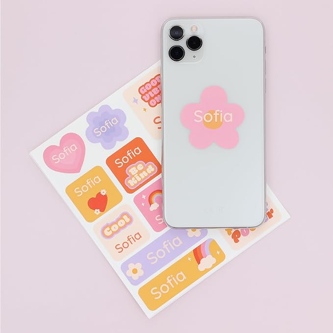 Large Name Labels for Kids (33) - Custom Stickers for Daycare and School Supplies - Durable, Waterproof Stickers for Water Bottles, Lunch Boxes, and More with Unique Designs - Flower Power