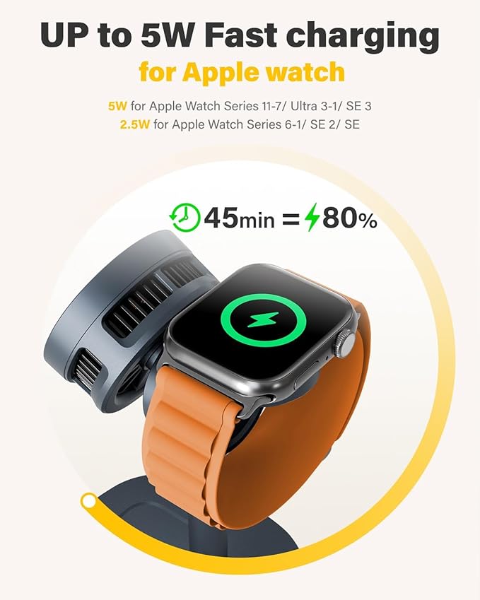 3 in 1 Wireless Charging Station for Apple MagSafe Charger Stand,15W Qi2 Fast Phone and Watch Charger with TEC Cooling, Magnetic Wireless Charger for iPhone17 16 15 14 13, Apple Watch, AirPods, Gray