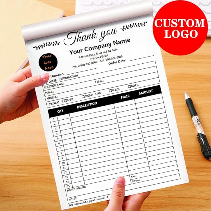 Custom Carbonless Sales Invoice Form Books for Small Business, Personalized NCR 3-Part Receipt Book with Carbon Copies, Cover Add Company Name, Address and Number Printed