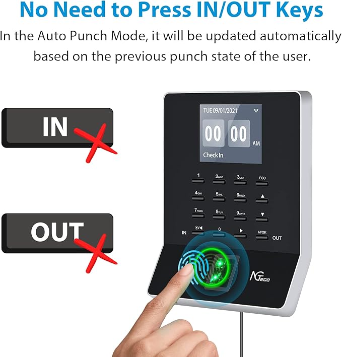 NGTeco APP Time Clock, Fingerprint & PIN Times Clock for Small Business, Biometric Clocks in Machine for Employees with iOS/Android App, No Monthly Fee, 2.4GHz WiFi, Black