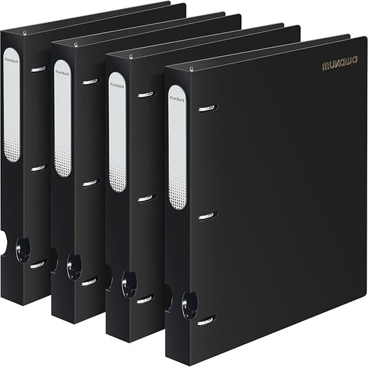 MUKAWA 1 Inch 3 Ring Binder, D-Ring Binder Holds 250 Sheets, PP Cover with Writable Spine Label, Lay-Flat Design, Letter Size 8.5x11, Lightweight for School, Office & Home Organization, 4 Pack, Black