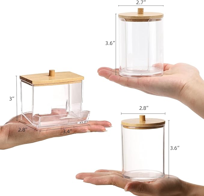 Tbestmax Bathroom Organizer Accessories Set-10 OZ Qtips Holder Storage with Bamboo Lids, Cotton Ball/Swabs Dispenser, Apothecary Container Jar 3 Pcs