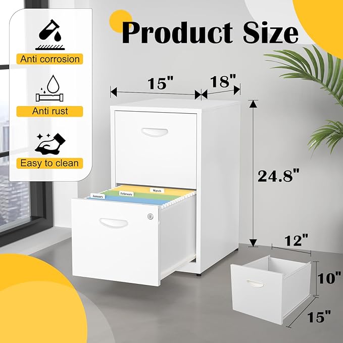 SteeLoong 2 Drawer File Cabinet with Lock,White Metal Office Drawers Filing Cabinets for Home Office, Two Drawer Under Desk File Cabinet for Hanging Letter,Easy Assemble