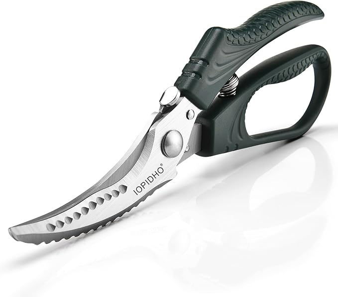 IOPIDHO Heavy Duty Poultry Shears, Kitchen Shears with Non-Slip Handle & Safety Lock, All Purpose Kitchen Scissors for Chicken, Meat Cutting, Turkey, Fish, Vegetables, Spring Loaded, Dishwasher Safe