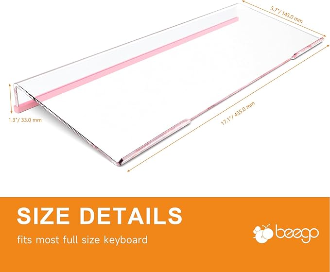 BEEGO Ergonomic Computer Keyboard Stand - Clear Acrylic Keyboard Riser Tilted Keyboard Holder Keyboard Tray with Lightpink Non-Slip Strip for Easy Typing at Home School Office Desk Accessories