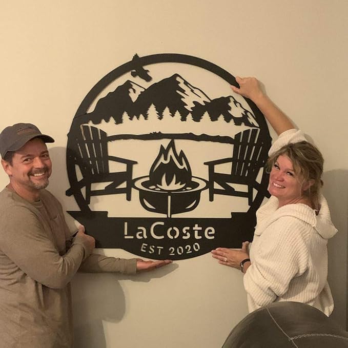 RealSteel Personalized Mountain Campfire Monogram Metal Sign – Custom Family Name Rustic Wall Art for Cabin, Campground, RV & Backyard Fire Pit – Outdoor Camping Décor – Unique Personalized Gift – USA