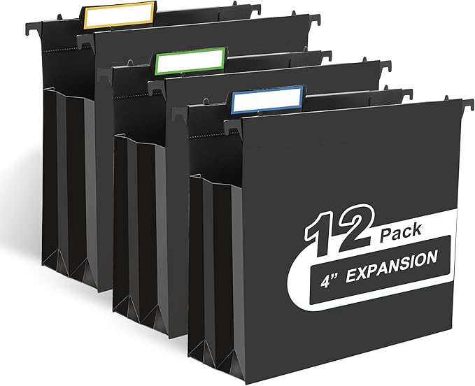Y YOMA Plastic Extra Capacity Hanging File Folder, Letter Size, 4” Expansion, 12 Pack Black Reinforced Expanding Hanging Folders with Tabs, Heavy Duty Waterproof Accordion for Bulky Files