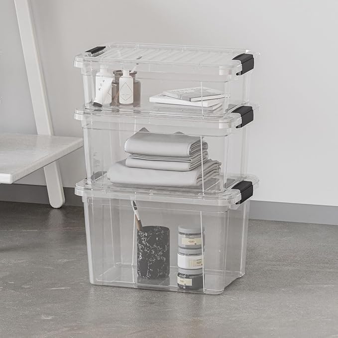 Superio Storage Bins with Lids- 4 Pack, 4.75 Qt Clear Boxes for Organizing, Stackable Plastic Containers- BPA Free, Non-Toxic, Odor Free, Organizer for Home, Office, Dorm