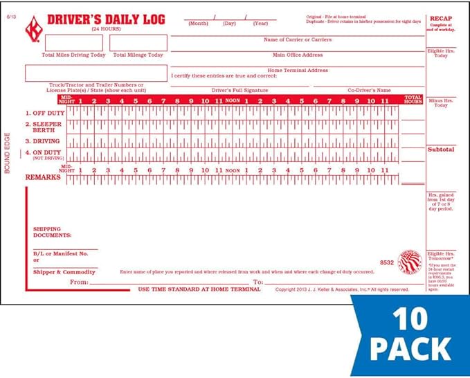 Driver Daily Log Book 10-pk. with Detailed Driver Vehicle Inspection Report & Simplified Recap - Book Format with 31 Sets, 2-Ply with Carbon, 8.5" x 5.5", J. J. Keller & Associates, Inc.