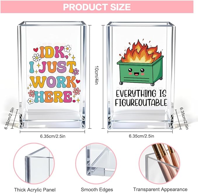 Vgrti Funny Dumpster Fire Work 2 Pack Acrylic Cosmetic Pencil Pen Holder Cup, Cute Office Pen Holder for Desk, Funny Work Burnout Gifts for Coworker Friend, Mental Health Gifts for Women Boss Teacher