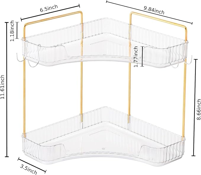 Trdongxu 2-Tier Corner Bathroom Organizer Countertop with Hooks, Bathroom Sink Corner Vanity Storage for Makeup, Skincare and Perfume (White Gold)