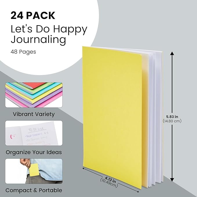 A6 Lined Journals 24 Pack – Mini Notebooks for Writing, Note Taking, or Sketching – Small Journal Bulk Set for Students, Kids, School, or Office Use – 6 Assorted Bright Colors, 4.3x5.5 Inch