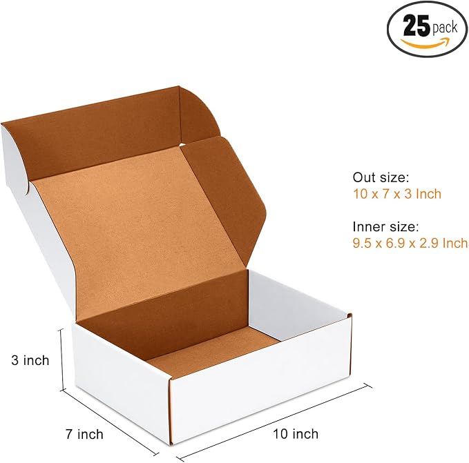 JOWLOT 10x7x3 inch Shipping Boxes Set of 25, White Corrugated Cardboard Box Literature Mailer for Mailing Packing Moving and Storage
