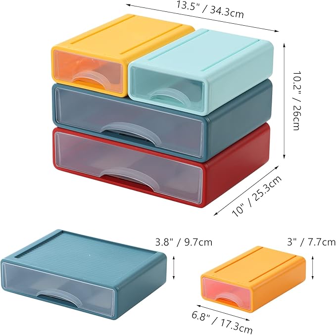 OSteed Desktop Drawers for Paper, Stackable Office Storage Drawers for Desk, Craft Organizer and Storage Bins, 4 Mixed Storage Container with Plastic Drawers for Office Supplies Desk accessories