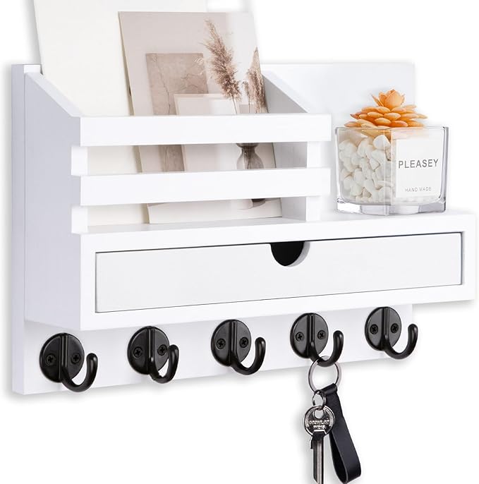 Lucundm Key Holder Wall Mount, Mail Holder with Storage Drawer and 5 Key Hooks for Coat, Dog Leash, Home Decor Rack, House Accessories, Entry Way Organizer