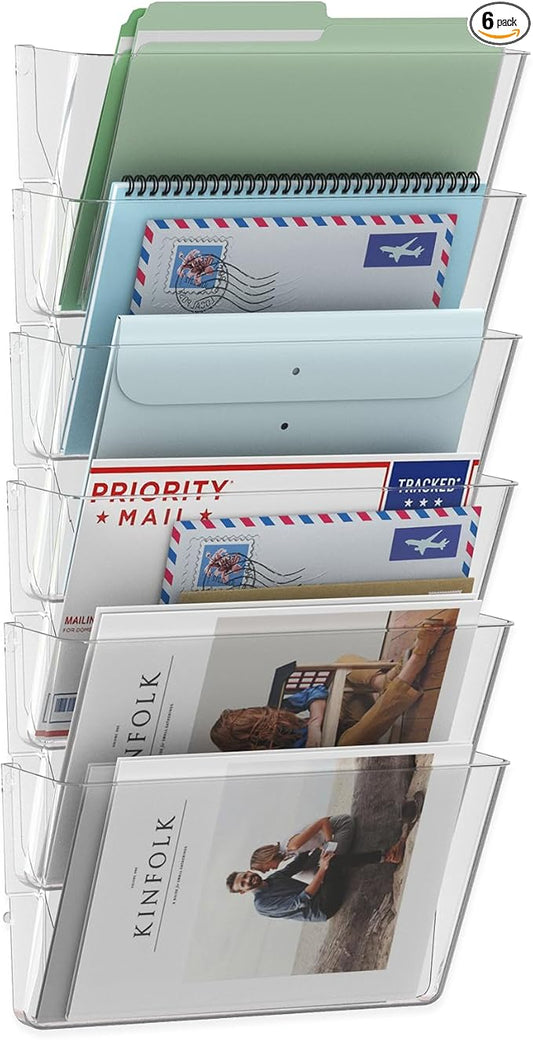 MINDEPOT 6 Pockets Acrylic Wall File Organizer, Clear Wall File Holder, Plastic Hanging Wall File Holder for Office, School and Home, Clear