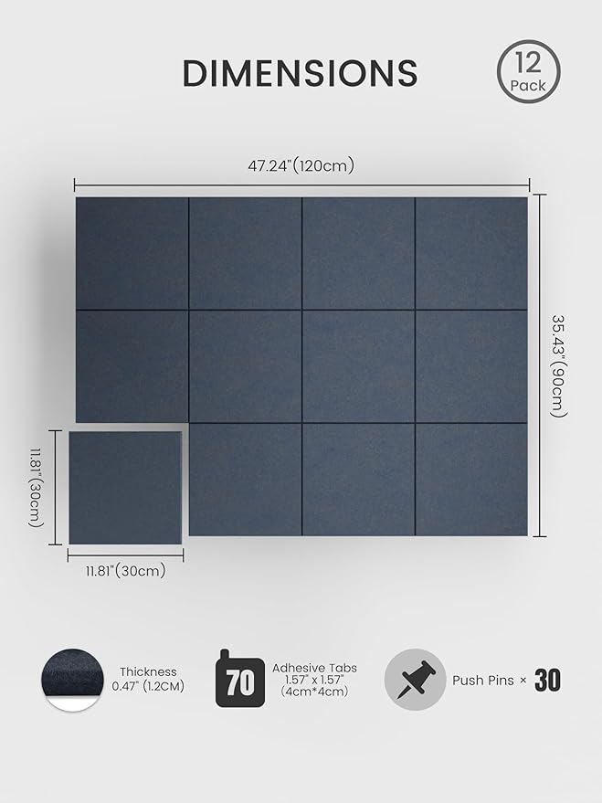 Bumusty Large Cork Board 47"x35" Alternative - 12 Pack Felt Wall Tiles with 70 Safe Removable Adhesive Tabs, 30 Pushpins, Cork Boards for Walls Pin Board Bulletin Board (Deep Charcoal Blue)