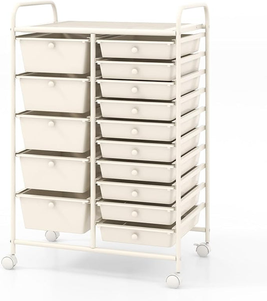 HAPPYGRILL 15-Drawer Rolling Cart, Storage Carts with Removable Drawers & Steel Frame, Utility Cart on Lockable Wheels for Home, School, Office (Ivory)