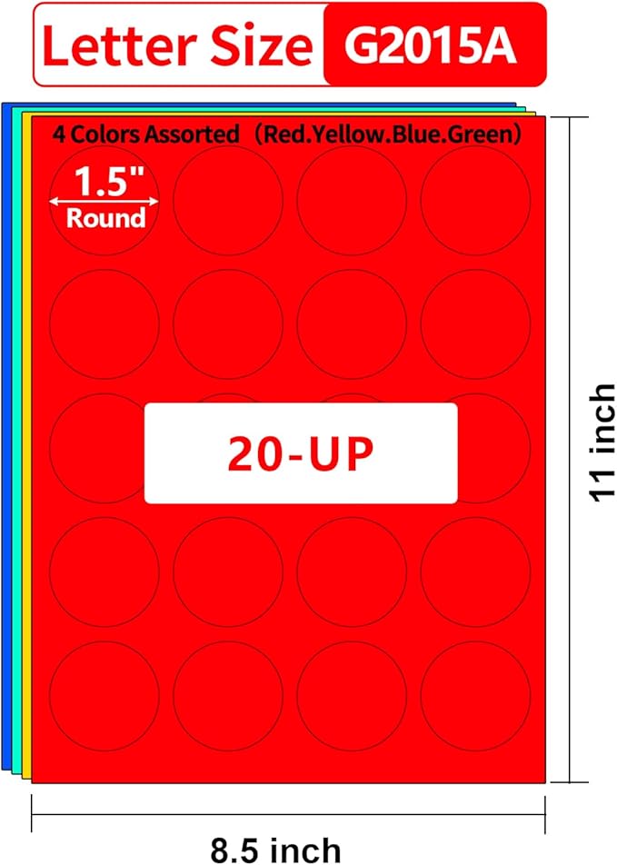 Gemsroyal 1.5 Inch Colored Round Labels Printable, 1.5" Color Coding Labels for Printer,1.5 Colorful Custom Round Stickers,4 Colors Assorted(Red,Yellow,Blue,Green),400 Neon Circle Labels in Total
