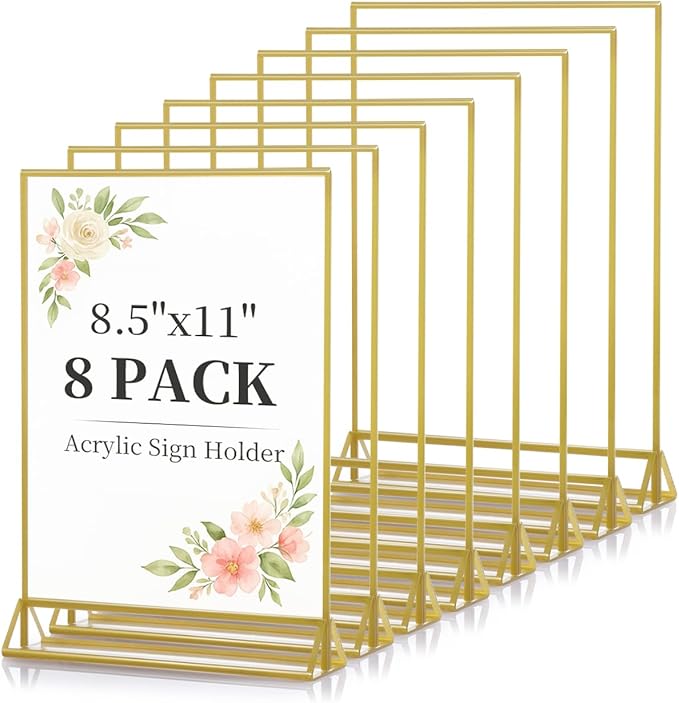 Dynta Acrylic Sign Holder 8.5x11 8pck Clear Table Display Stands Double Sided Table Sign Holders, Menu Holder for Wedding, Party, Office, Store, Home Use (Gold Frame)