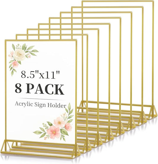 Dynta Acrylic Sign Holder 8.5x11 8pck Clear Table Display Stands Double Sided Table Sign Holders, Menu Holder for Wedding, Party, Office, Store, Home Use (Gold Frame)