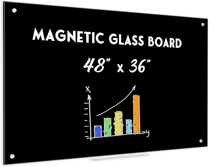 Black Dry Erase Board, 4' x 3' Magnetic Glass Whiteboard for Wall,48" x 36" Large Black Glass Magnetic Board with 1 Marker Tray and 3 Magnets for Office, Home, Classroom