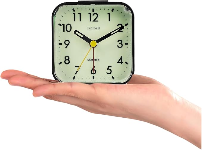 Tinload Small Battery Operated Analog Travel Alarm Clock Silent Non Ticking,Gentle Wake, Ascending Beep Sounds, Snooze,Lighted on Demand, Glow in Dark dial,Easy Set