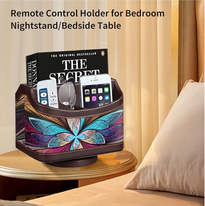 PUSU 360°Rotatable Remote Control Holder, PU Leather TV Remote Holder Caddy for Table, Bright and Colorful Art Supply Organizer Pen Holder, Multi-Functional Desk Organizer Living Room Office Decor