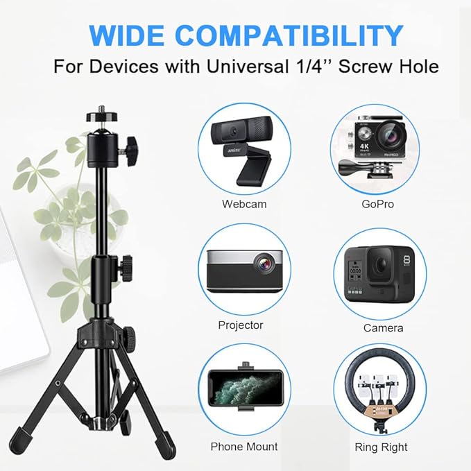 Webcam Tripod Stand Extendable Desktops Tripod for Camera/Phone/Webcam, Desk Tripods Webcam Mount Holder Compatible with Logitech Webcams C925e C922x C922 C930e C930 C920 C615 /iPhone/Ring Light