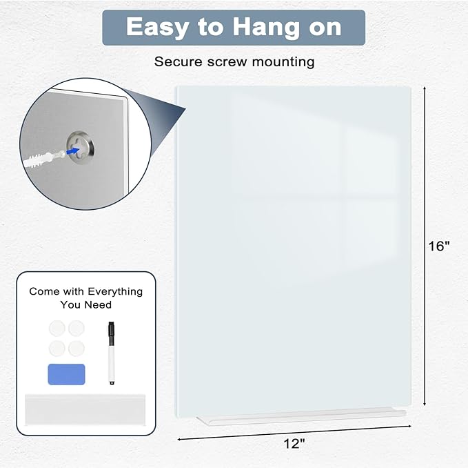 Magnetic Glass Whiteboard for Wall, 16" x 12" Glass Dry Erase Board, Large Frameless White Board for Home and Office - Normal White