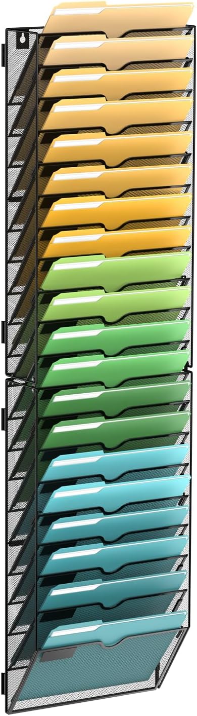 SUPEASY Wall File Organizer Mesh Office Mail Holder, Hanging Wall Organizer Magazine Rack for Office Black, 20 Tier