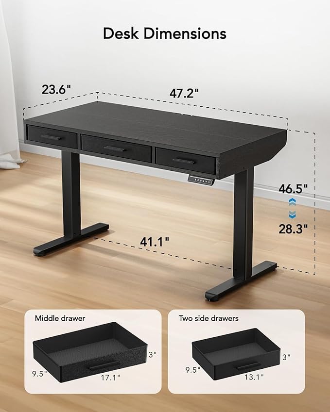 HUANUO Electric Standing Desk with Drawers, C-Clamp Mount Compatible, 48 x 24 Inch Height Adjustable Sit Stand Desk, Fabric Drawers, Home Office Stand Up Desk with 4 Custom Height Settings, Black