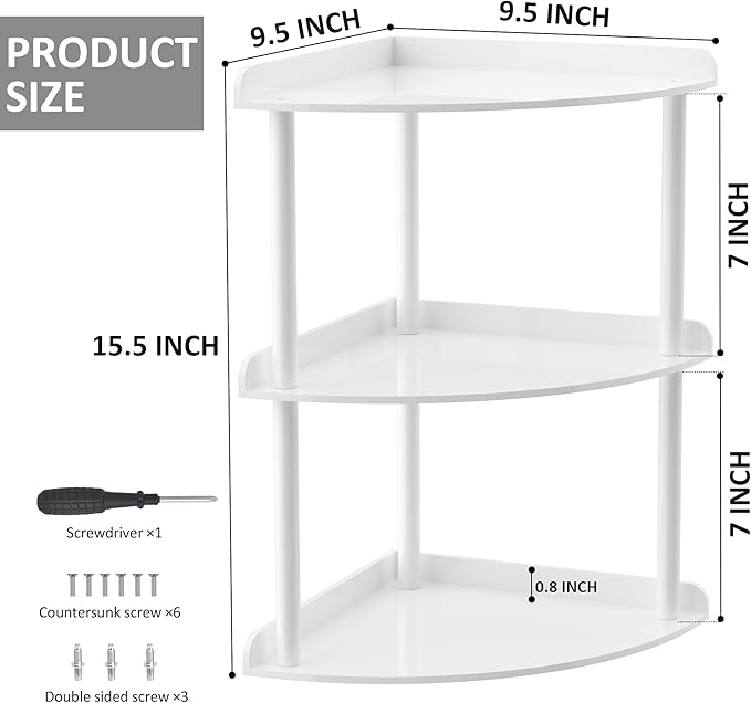 Sezanrpt 3 Tier Acrylic Corner Shelf Organizer Storage 9.5x9.5x15.7 Inch, White Countertop Corner Shelf for Bathroom, Kitchen, Bedroom, Office, Study Room